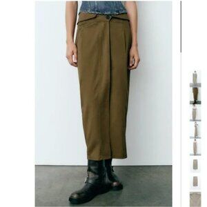 NWT ZARA FOLDOVER WAIST MIDI SKIRT DARK KHAKI
